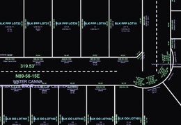 Lot numbers, block names and right-of-way calls on the drawing